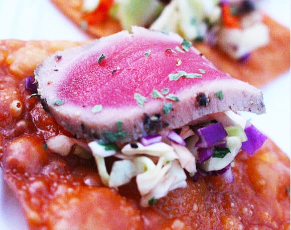 ahi tuna on crispy wonton with asian slaw