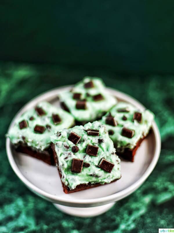 Mint Chocolate Chip Brownies on a cake pedestal on green background