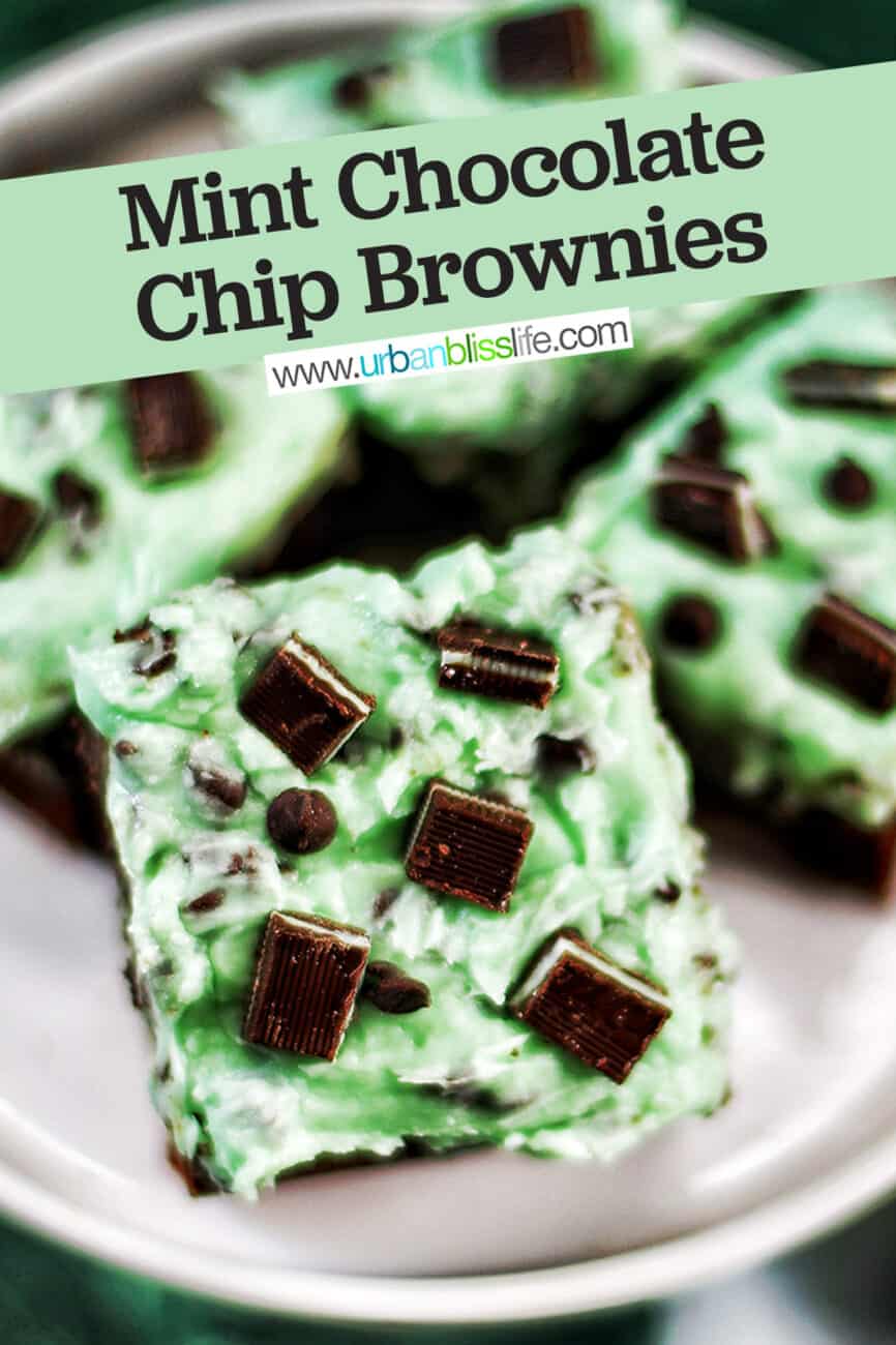 Mint Chocolate Chip Brownies on a cake pedestal on green background