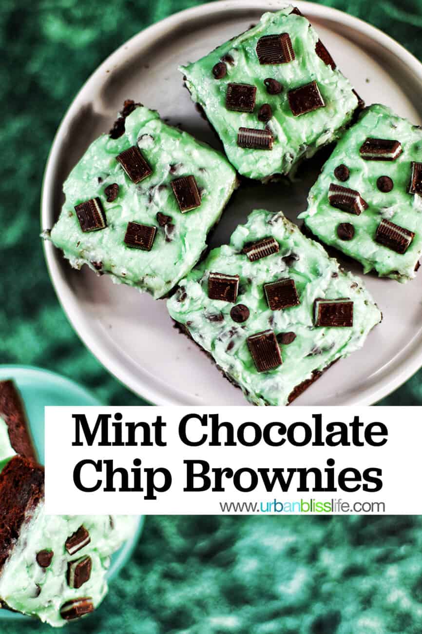 Mint Chocolate Brownies on a cake pedestal with title text