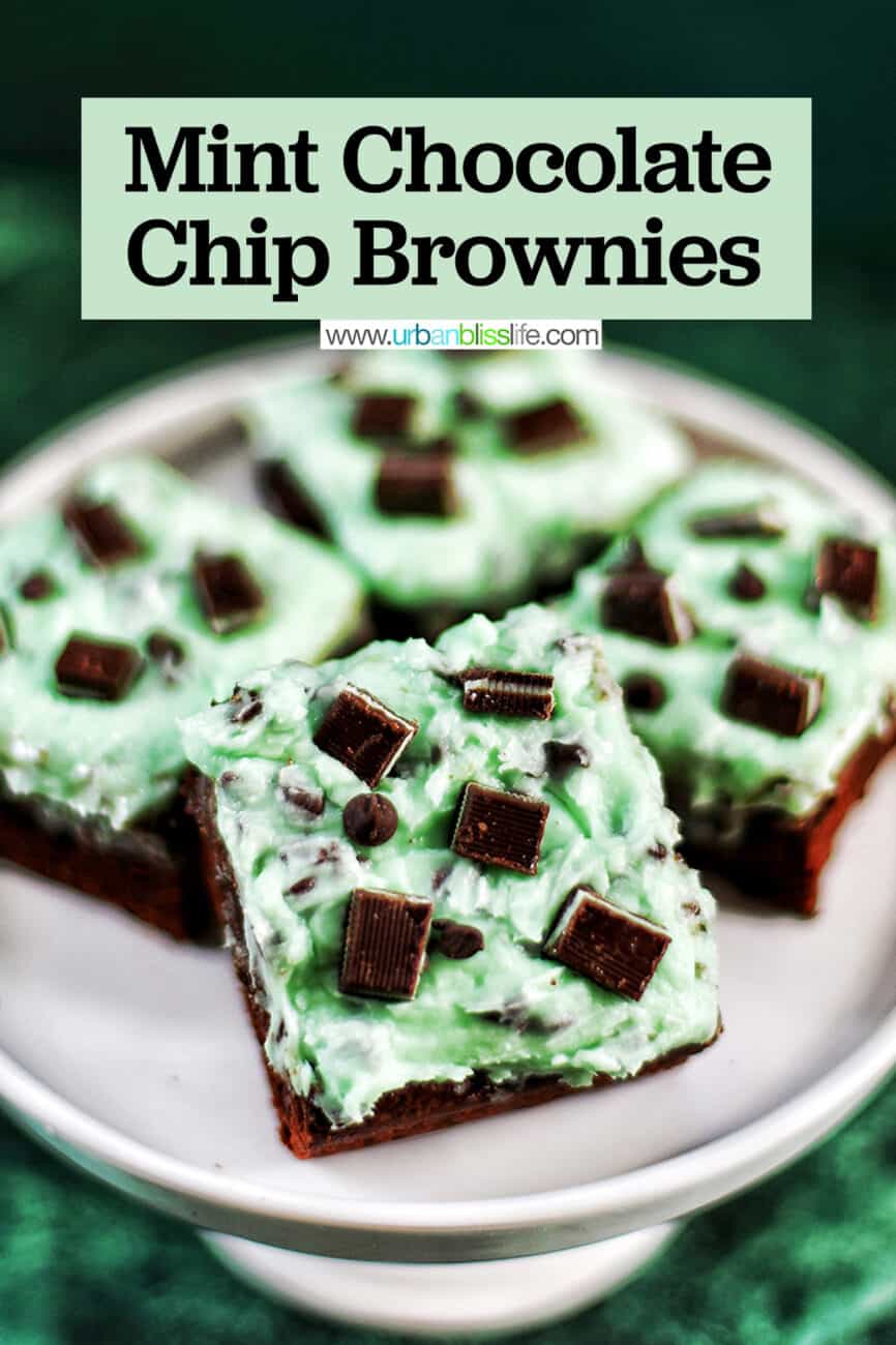 Mint Chocolate Brownies on a cake pedestal with title text