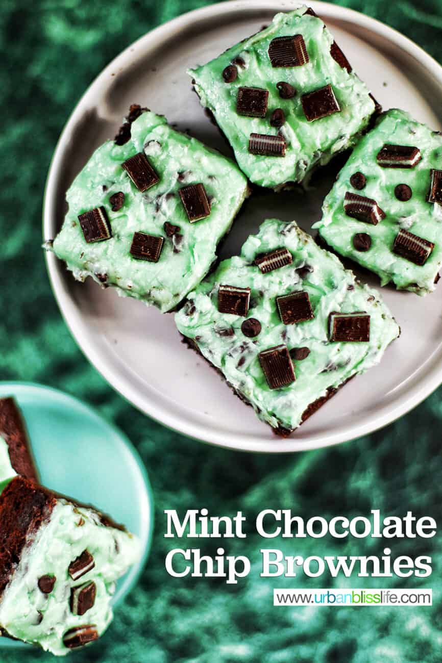 Mint Chocolate Brownies on a cake pedestal with title text