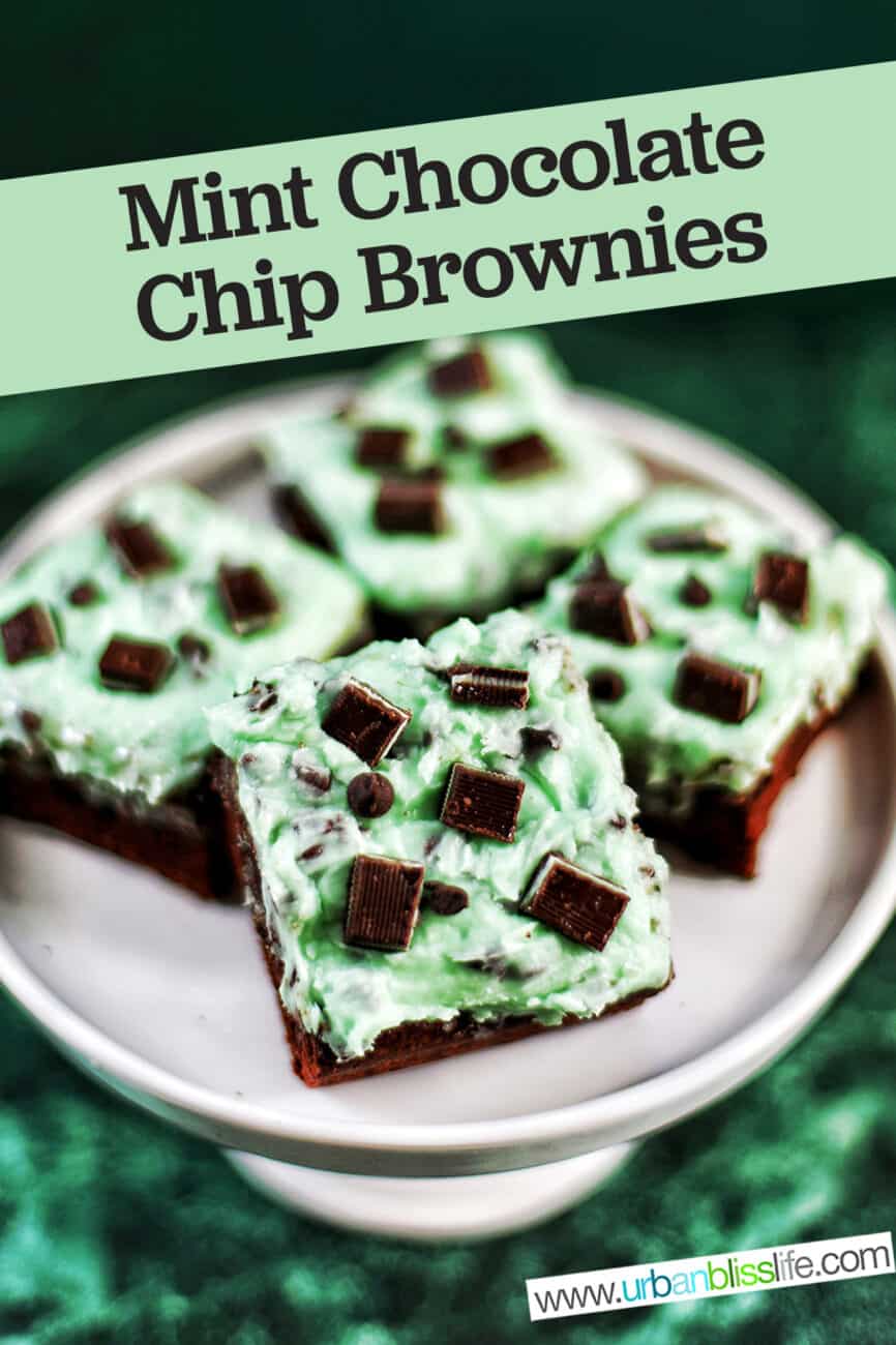 Mint Chocolate Brownies on a cake pedestal with title text