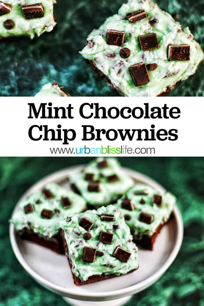 Mint Chocolate Brownies on a cake pedestal with title text