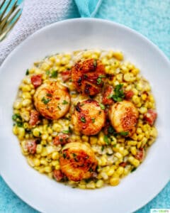 Seared Scallops and Corn in white bowl