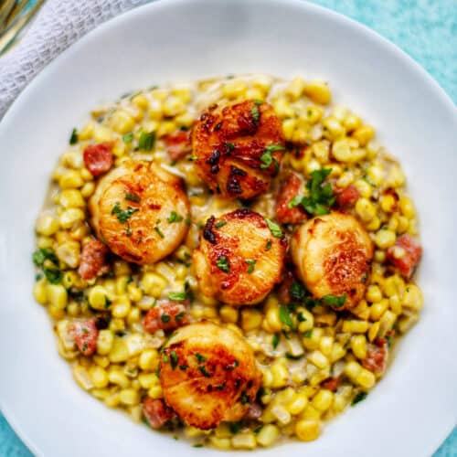 Seared Scallops and Corn in white bowl