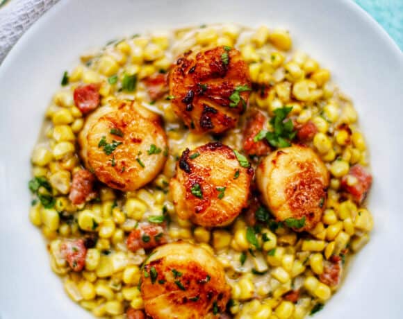 Seared Scallops and Corn in white bowl