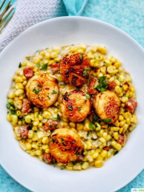 Seared Scallops and Corn in white bowl