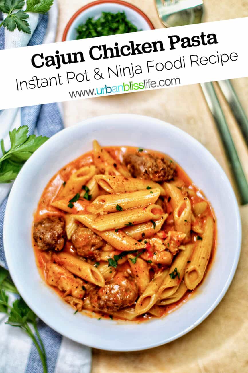 bowls of Instant Pot Cajun Chicken Pasta with title text for Pinterest