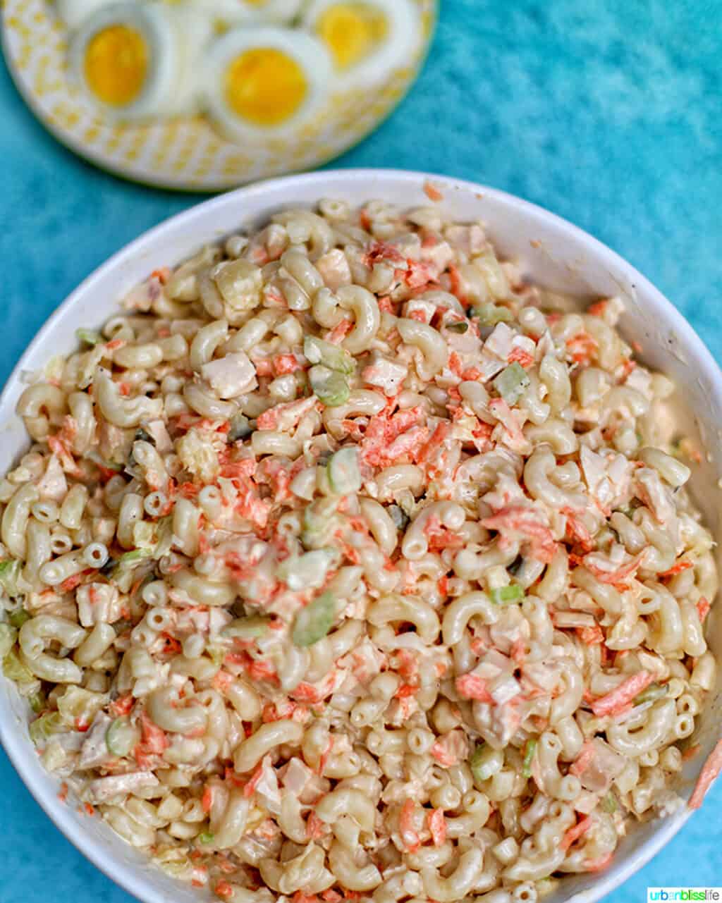 Filipino Macaroni Salad in a bowl no eggs