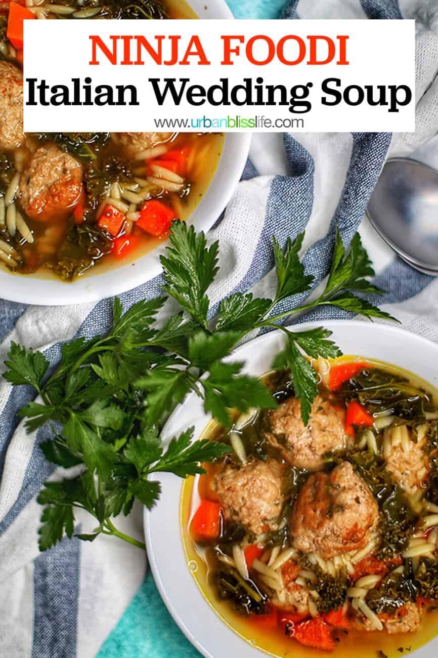 Italian wedding soup in bowls with text for pinterest