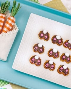 cute Easter bunny pretzels on blue tray