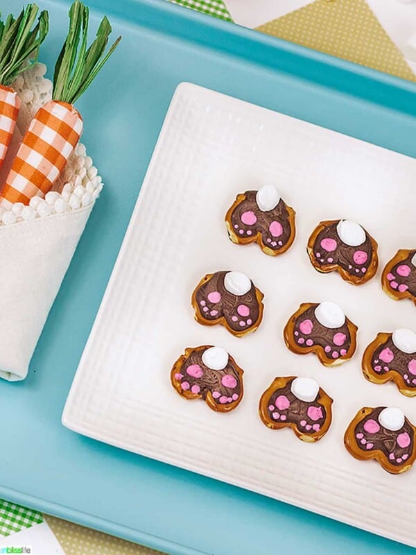 cute Easter bunny pretzels on blue tray