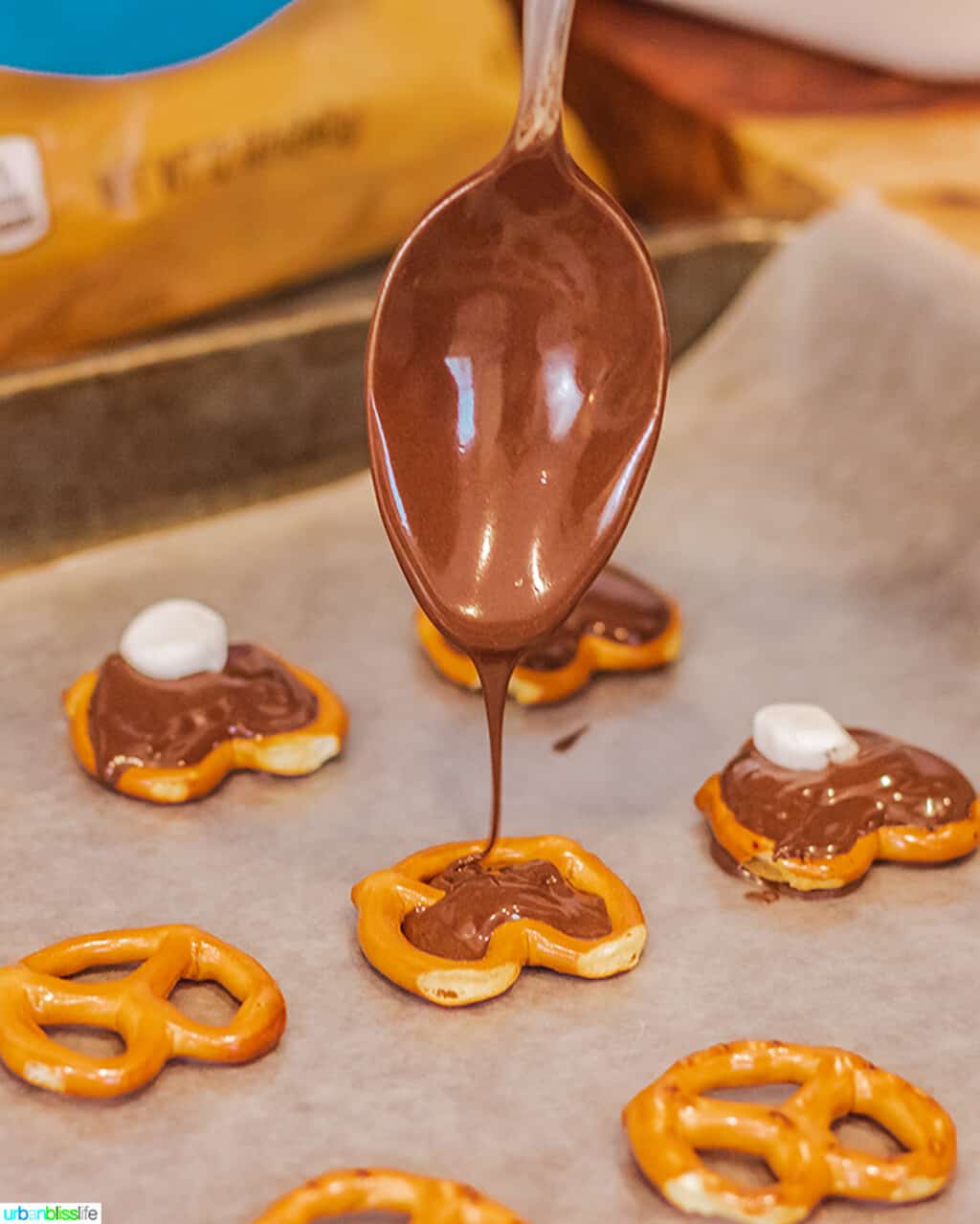 chocolate drip on cute Easter bunny pretzels