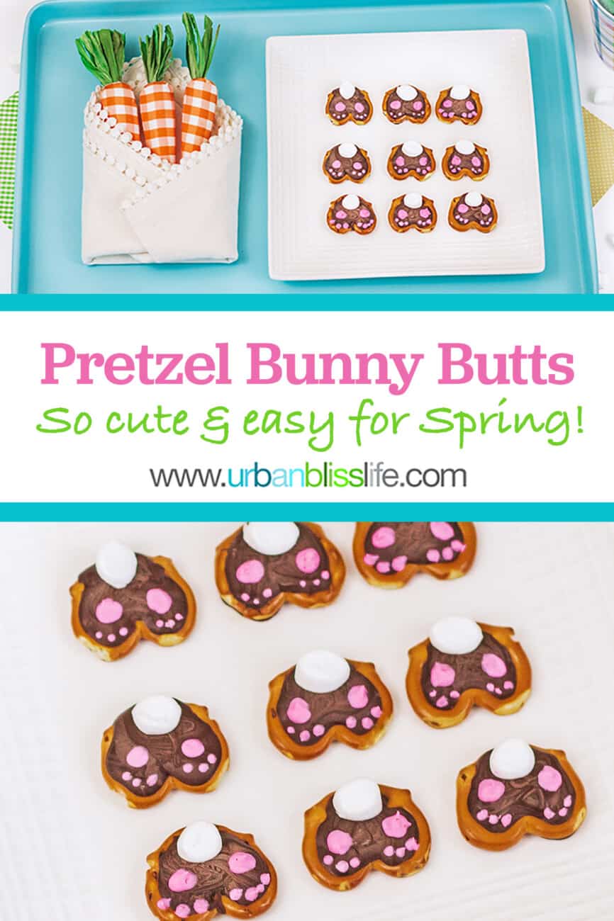 two pics of cute Easter bunny pretzels with text for pinterest