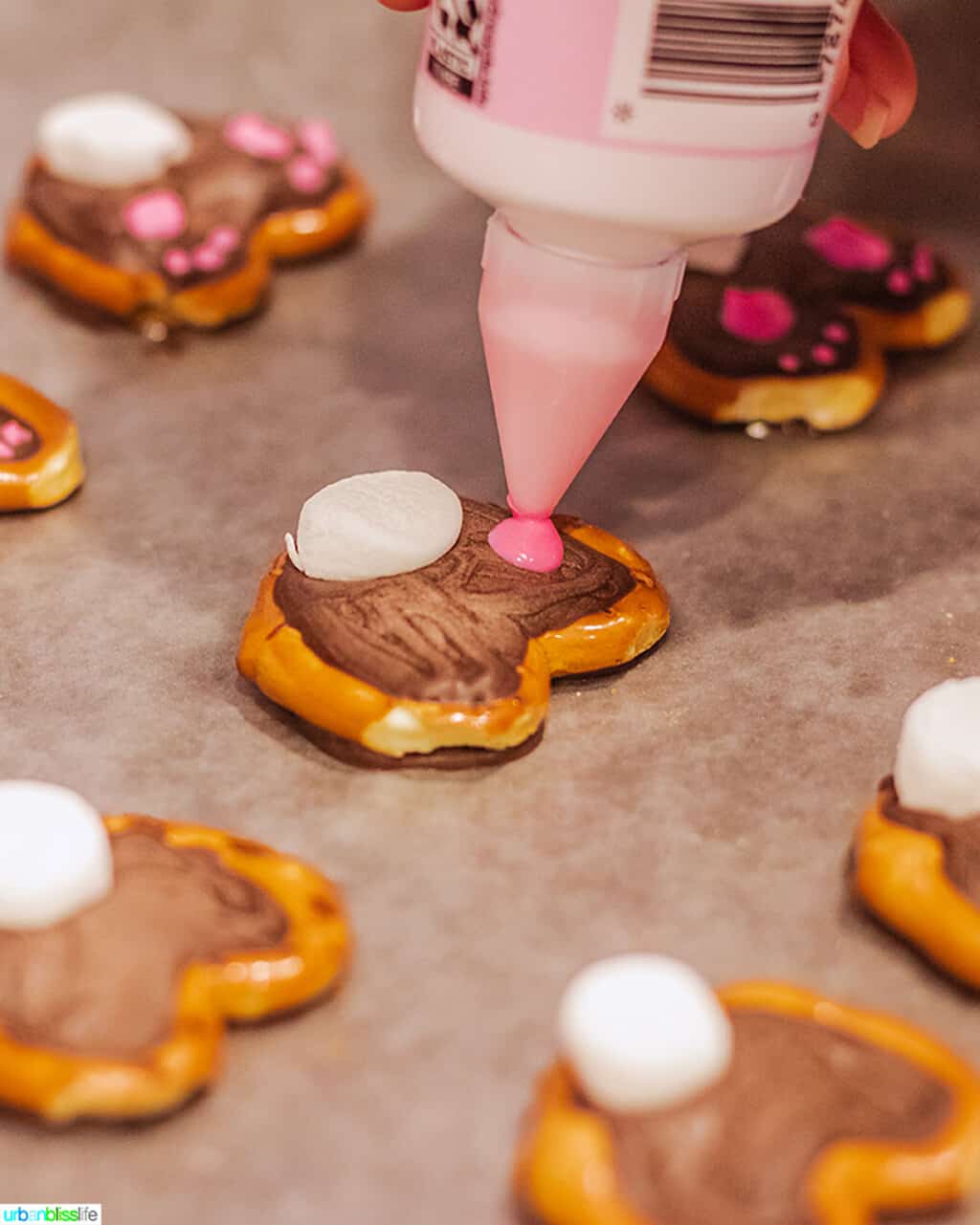 making cute Easter bunny pretzels