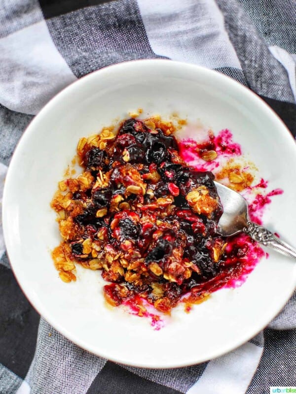 microwave blueberry crisp in a white bowl with checkered backgroud