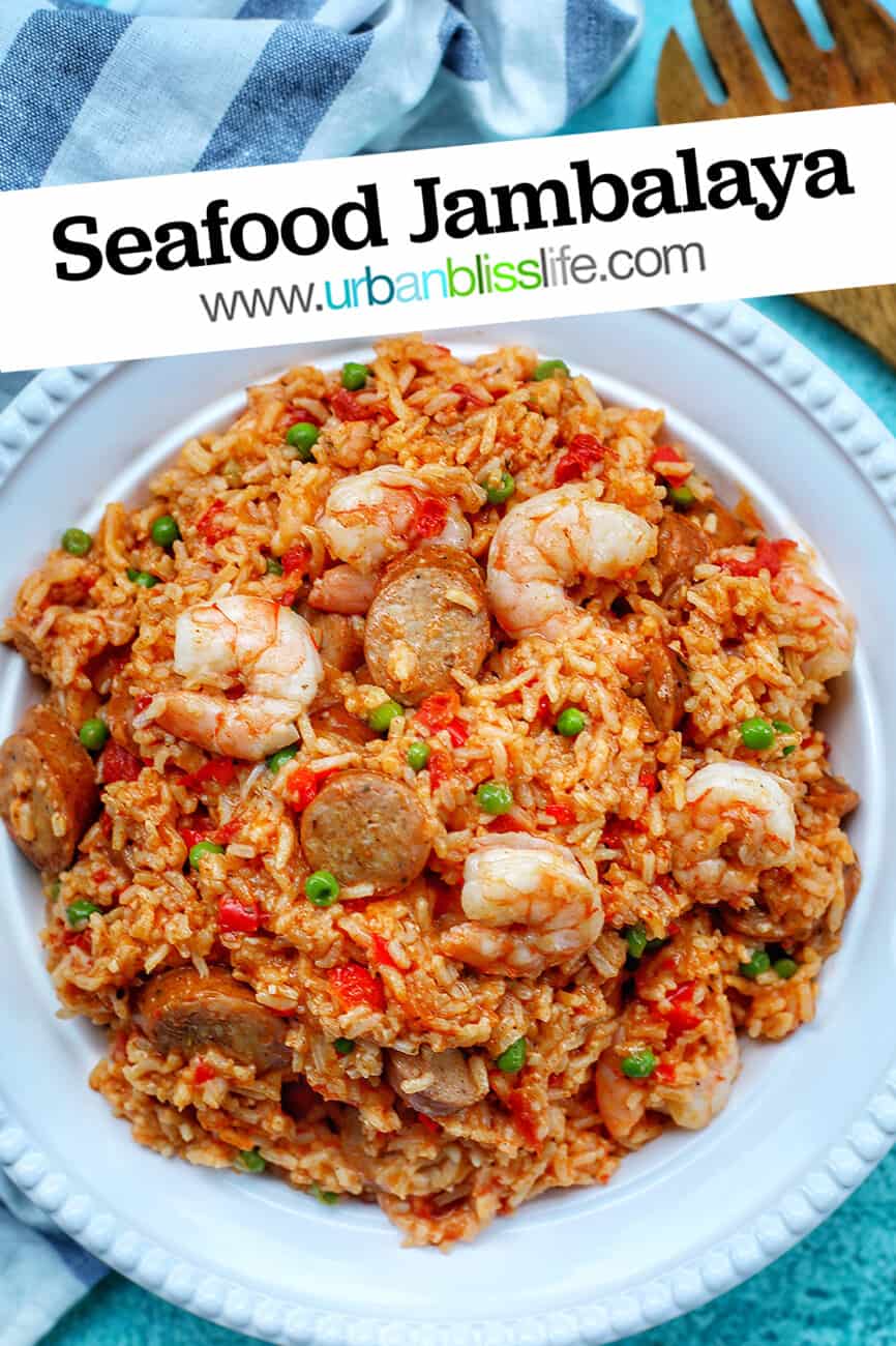 Seafood Jambalaya in bowl with text