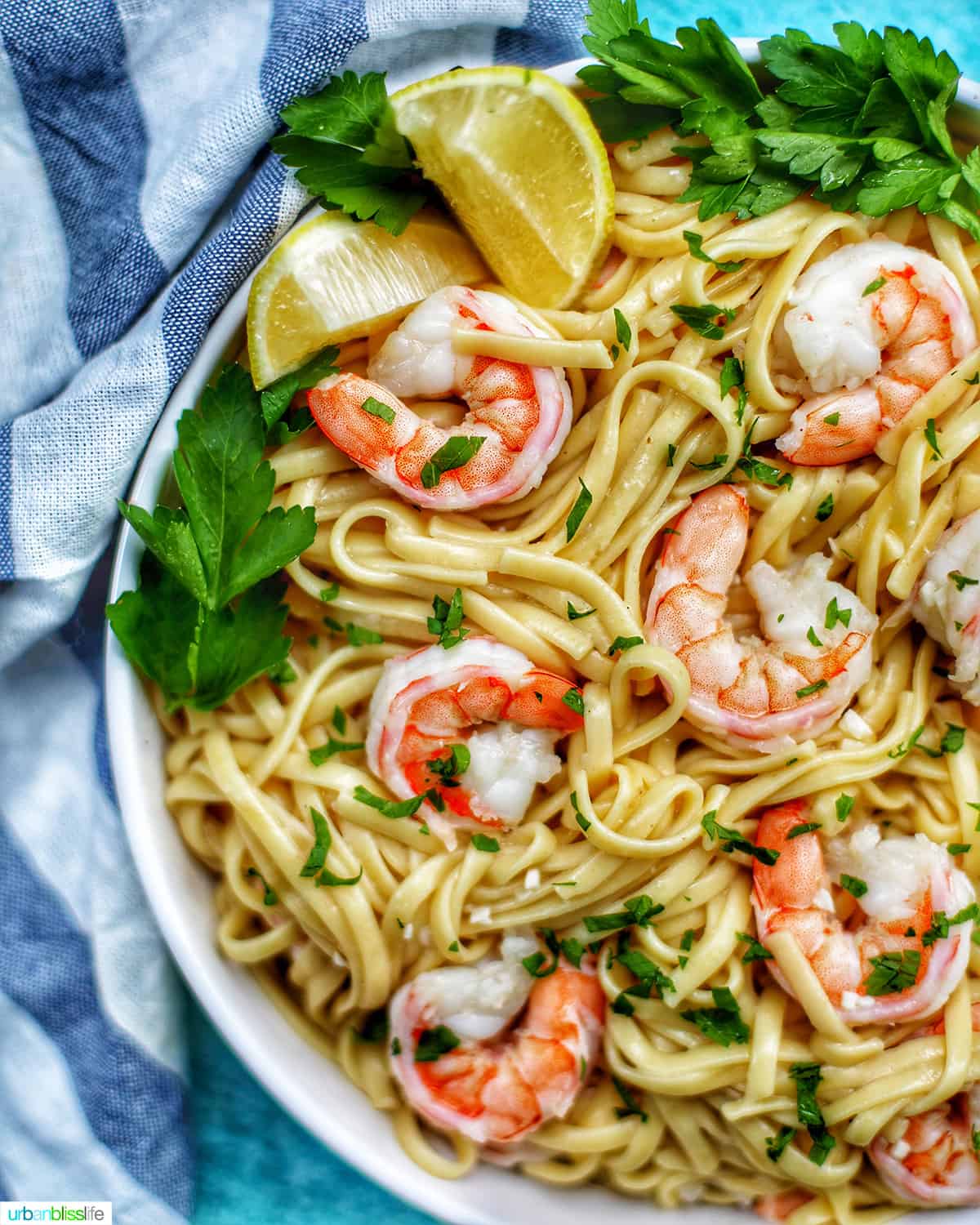 half bowl of Shrimp Scampi Linguini
