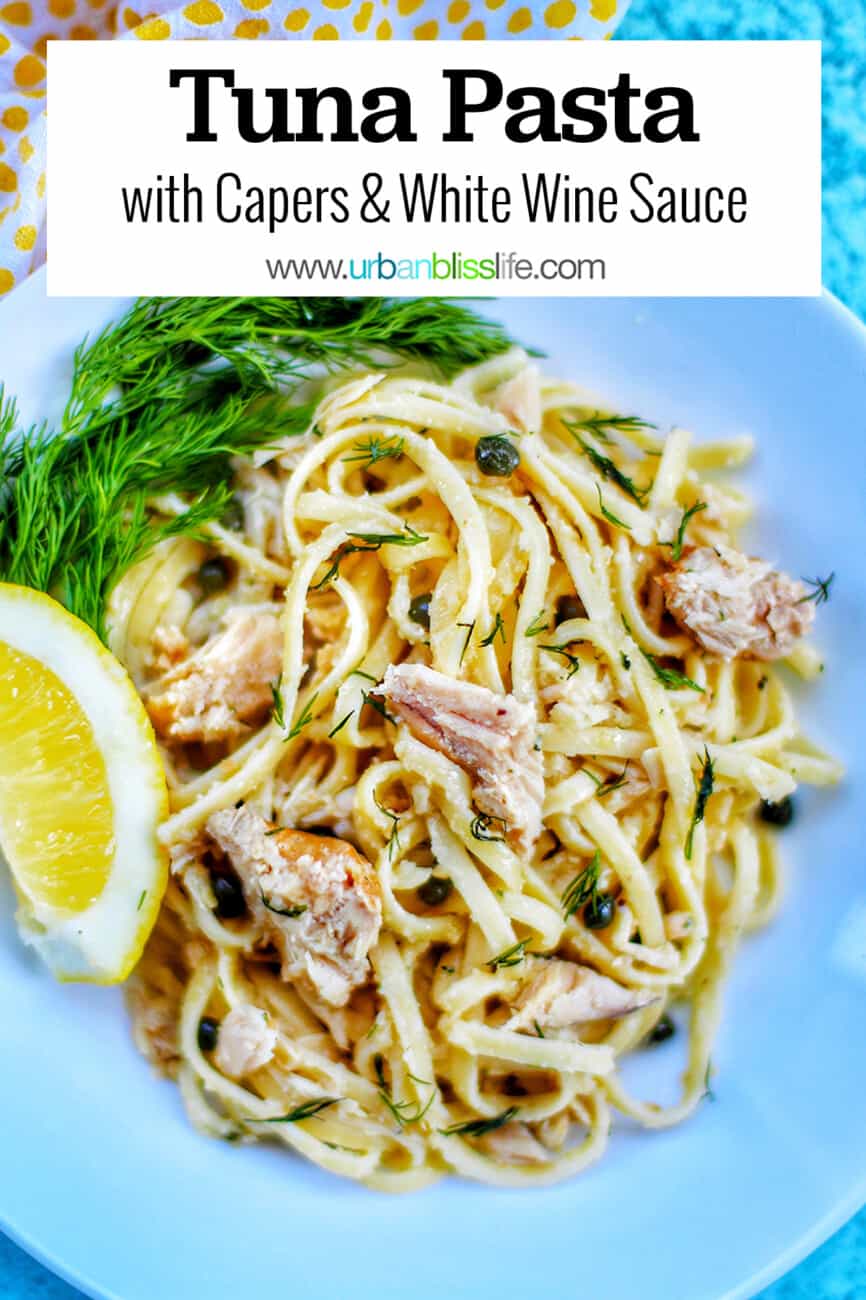 bowl of tuna pasta with text overlay