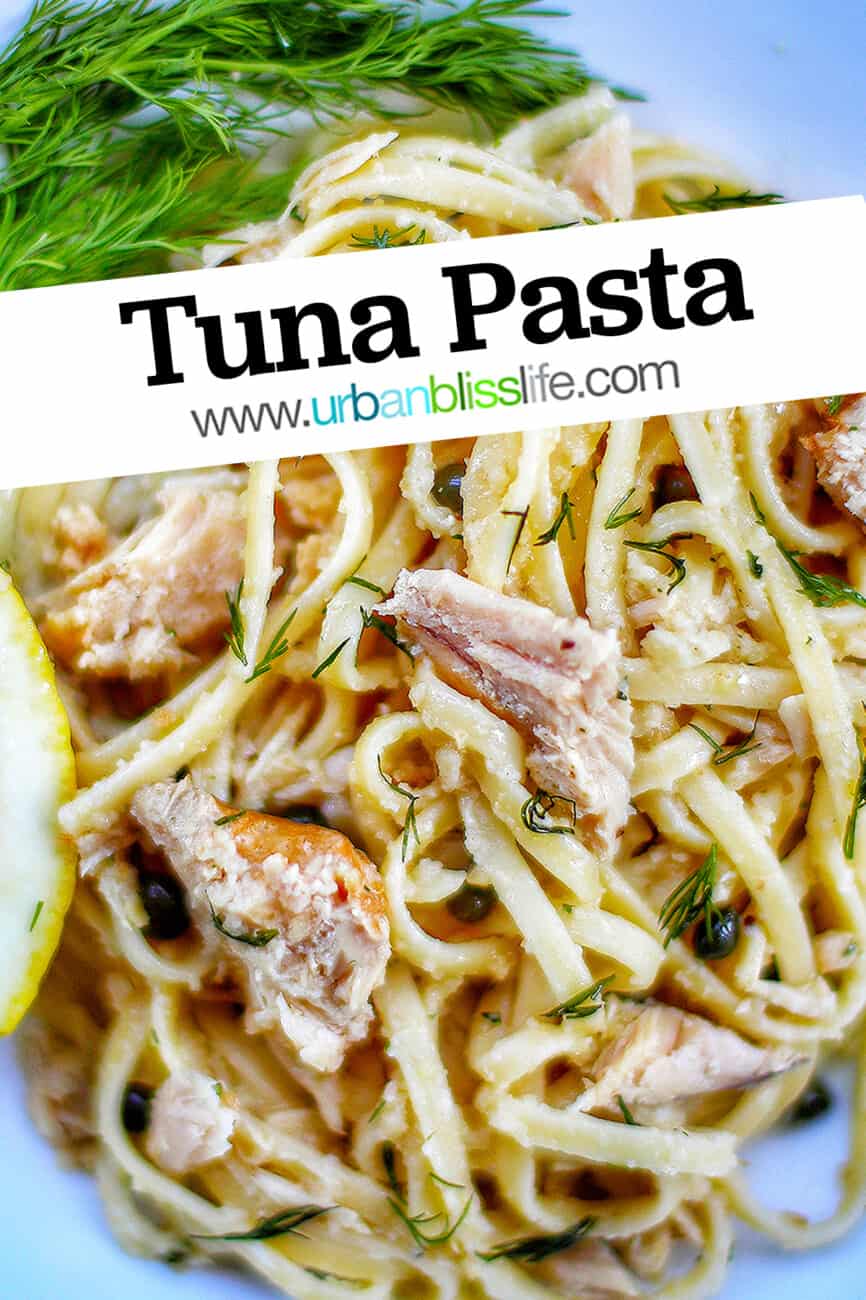 bowl of tuna pasta with text overlay