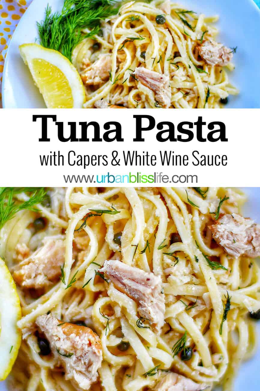 bowl of tuna pasta with text overlay