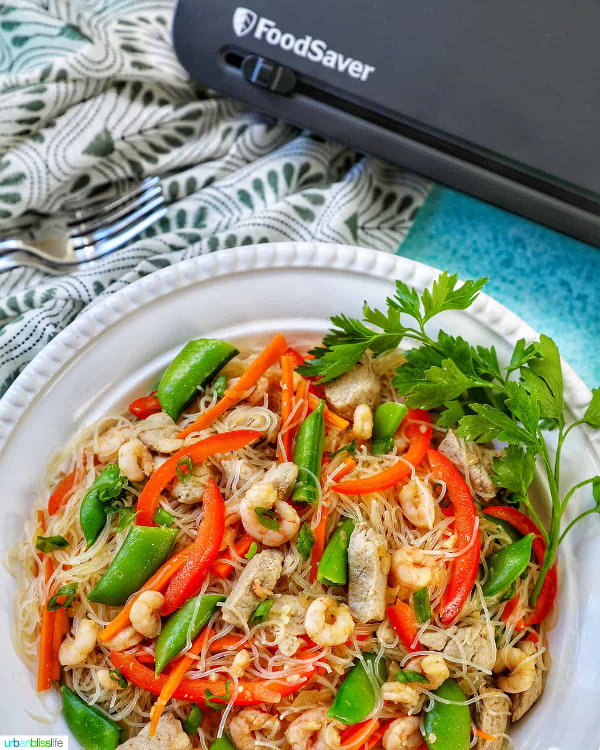 bowl of Filipino Pancit Bihon with FoodSaver.