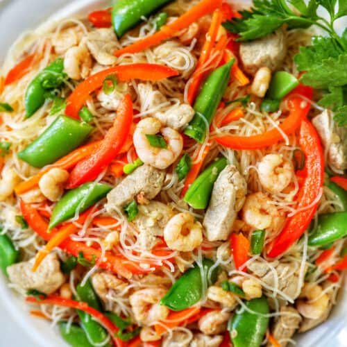 closeup of Filipino Pancit Bihon in a bowl