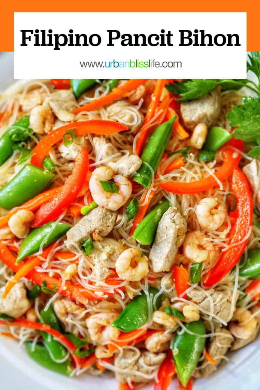 Filipino Pancit Bihon with text overlay