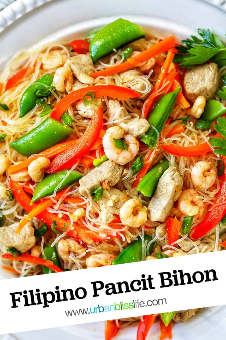 Filipino Pancit Bihon with text overlay