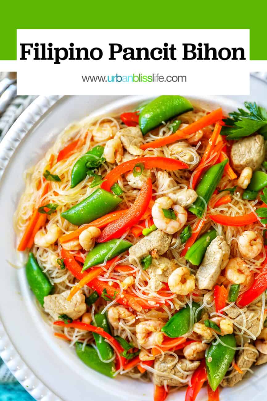 Filipino Pancit Bihon with text overlay