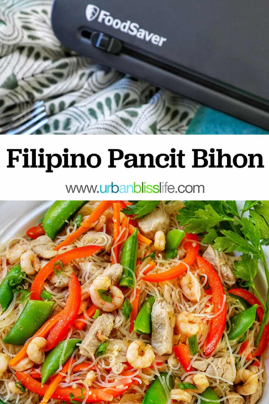 Filipino Pancit Bihon with text overlay and foodsaver