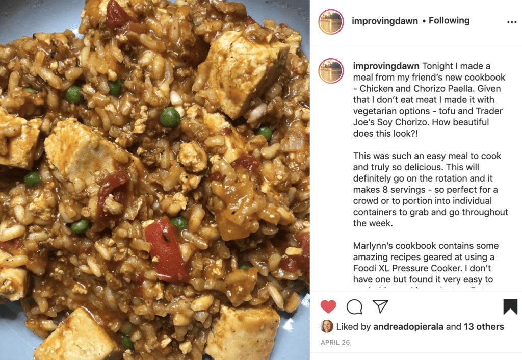 reader social media post of recipe made from cookbook.