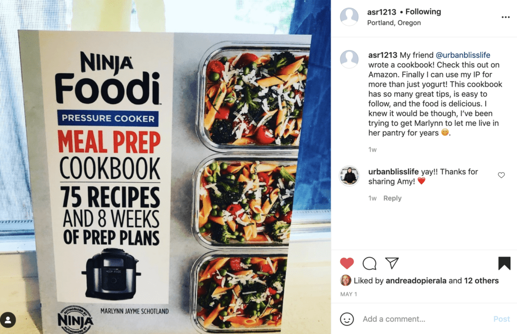 reader social media post of recipe made from cookbook.