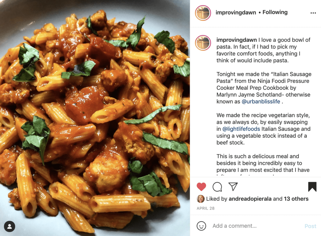 reader social media post of recipe made from cookbook.
