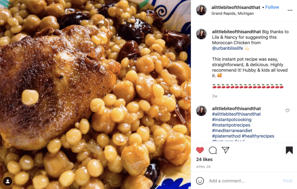 reader social media post of recipe made from cookbook.