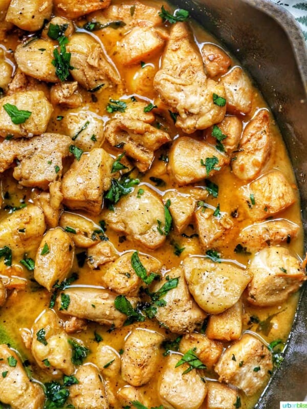 side close up of soy garlic butter chicken bites
