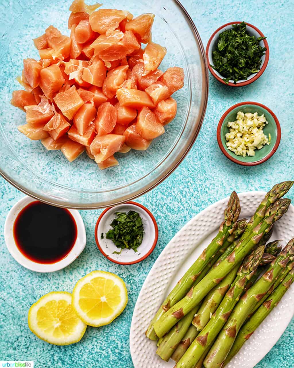 ingredients to make soy garlic butter chicken bites with text overlay
