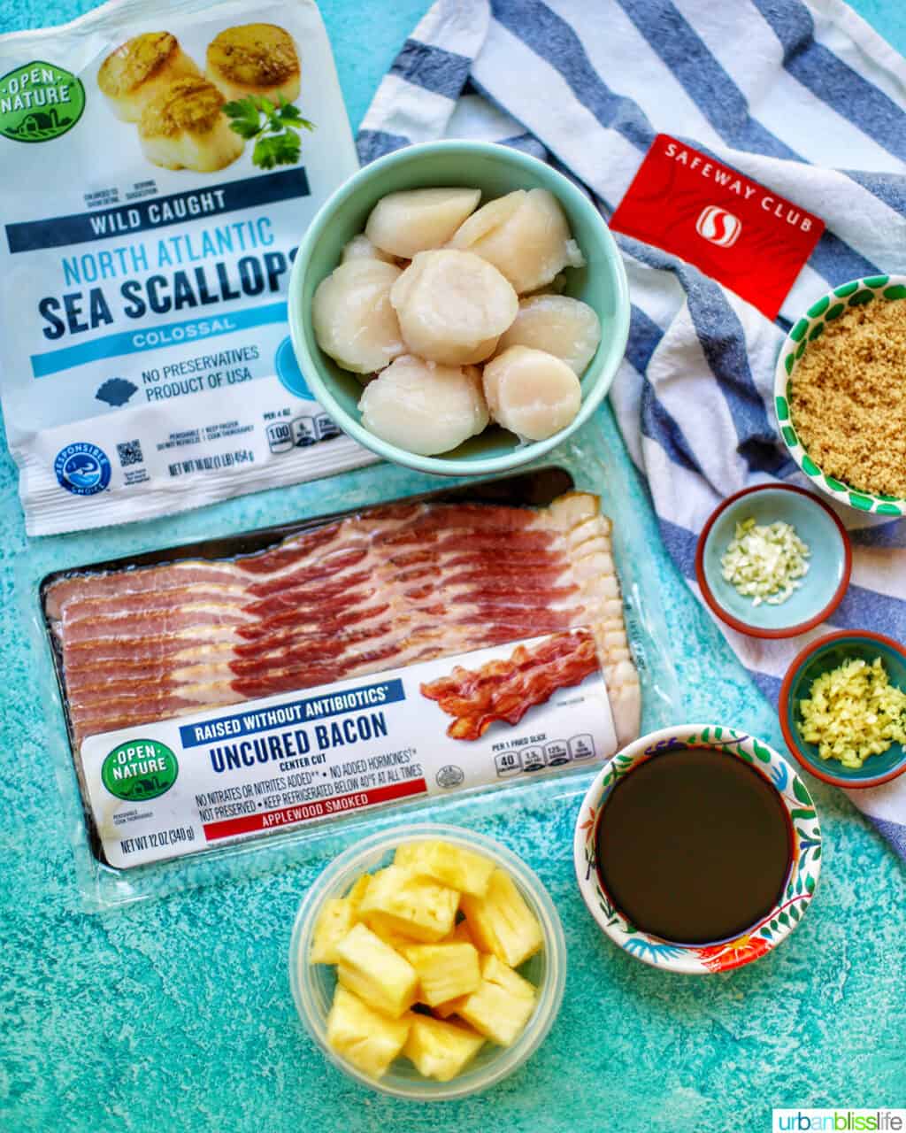 ingredients to make grilled bacon-wrapped scallop skewers