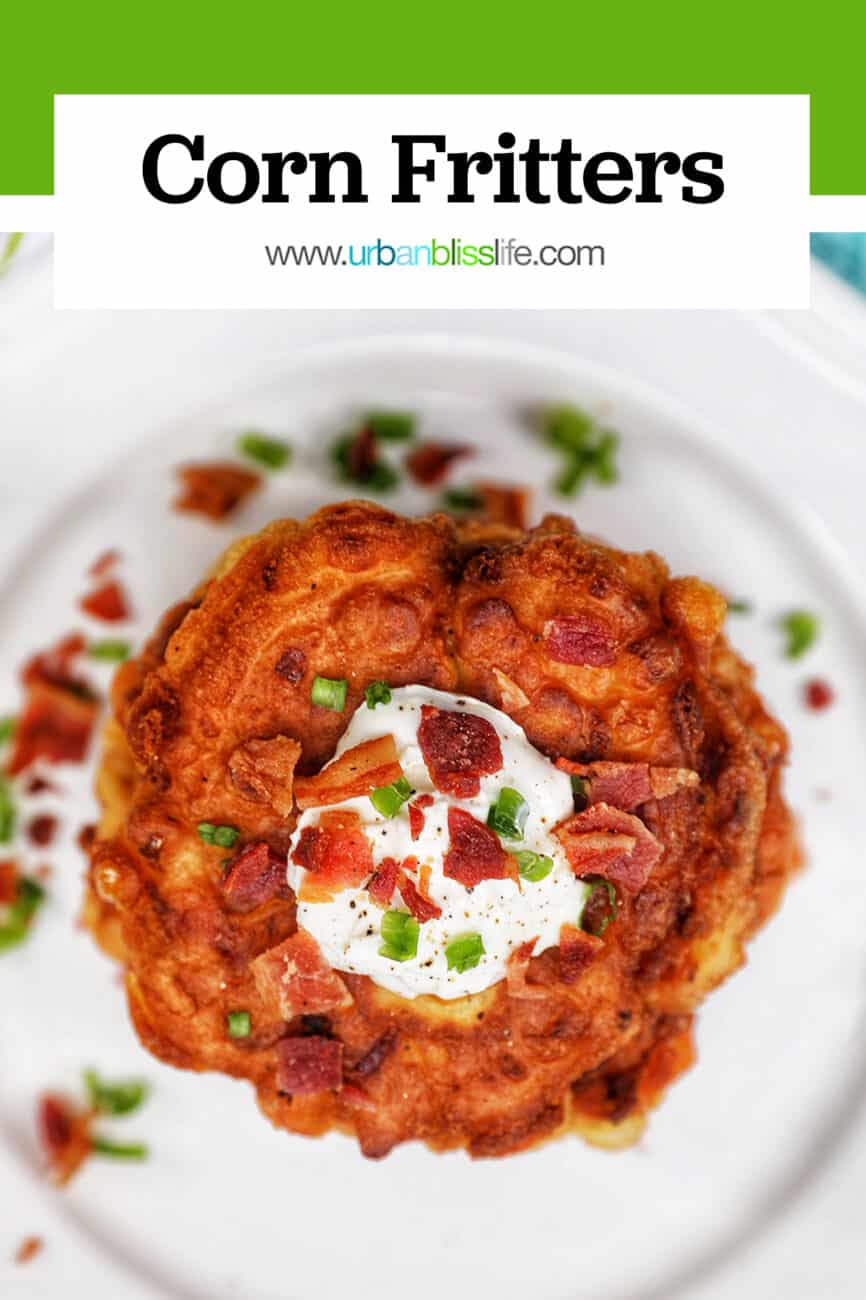 stack of corn fritters with text overlay
