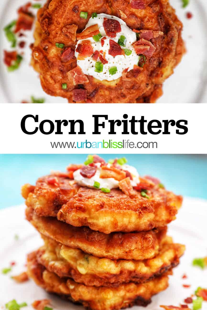 stack of corn fritters with text overlay