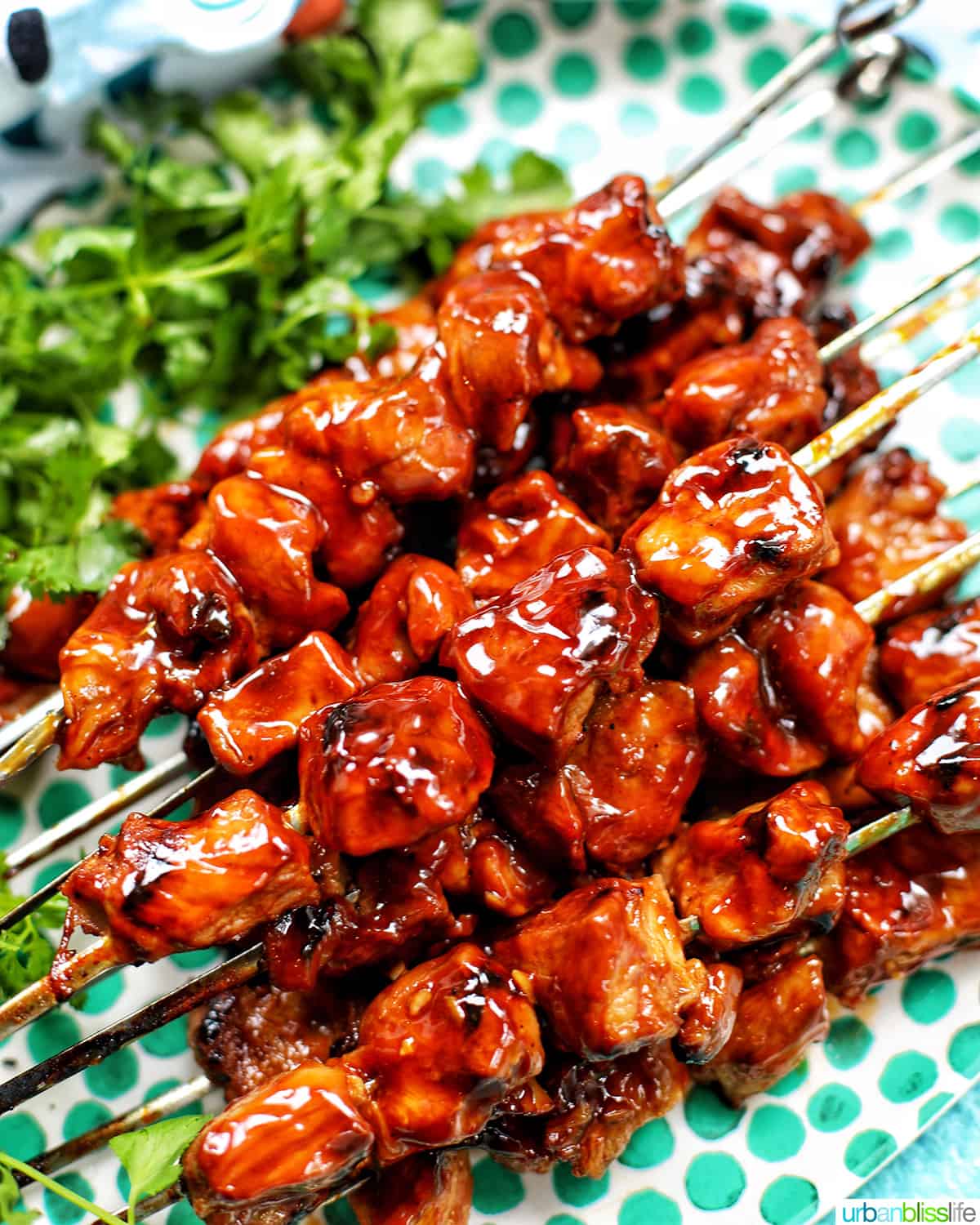 closeup of Filipino BBQ pork skewers with cilantro leaves on a green and white polka dot platter.