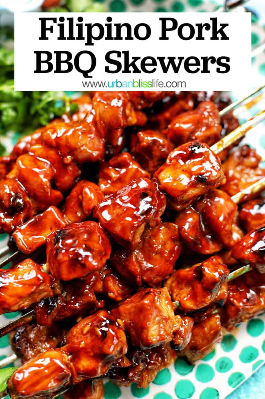 Filipino BBQ pork skewers with text overlay