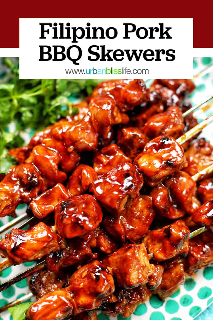 Filipino BBQ pork skewers with text overlay