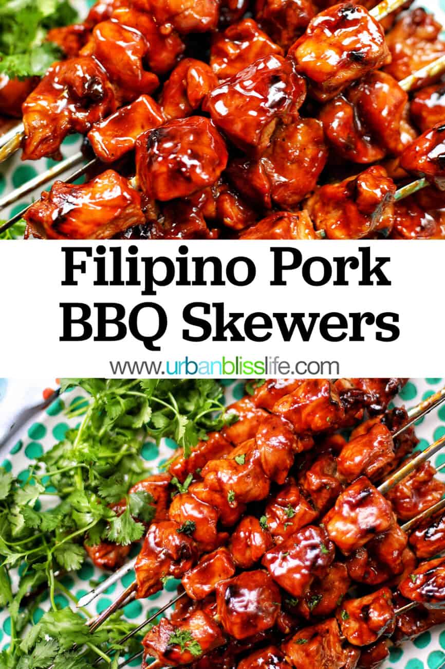 Filipino BBQ pork skewers with text overlay