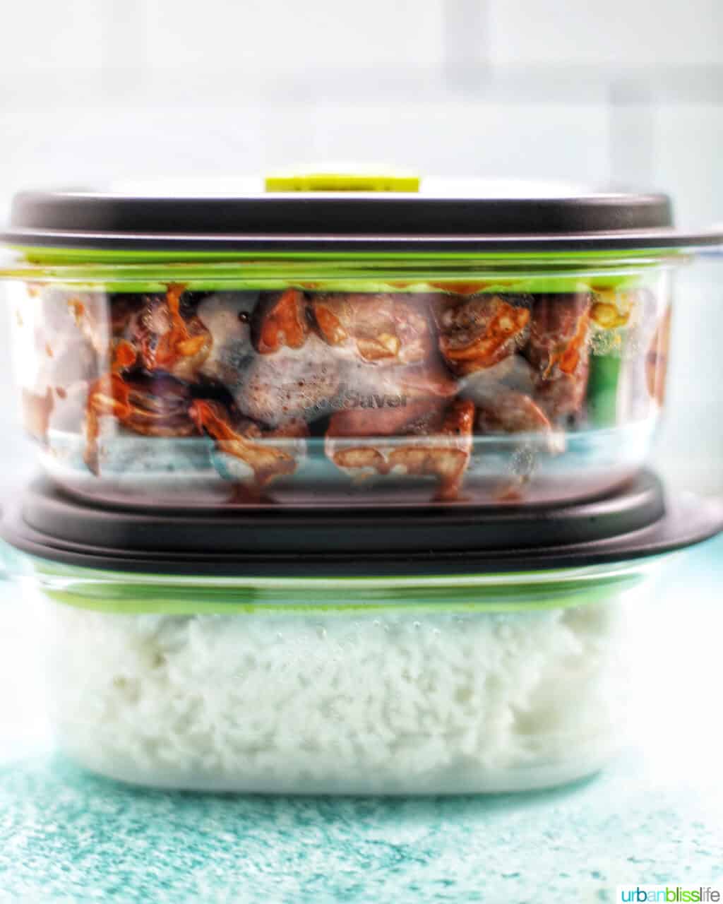 Filipino BBQ pork skewers stored in FoodSaver containers