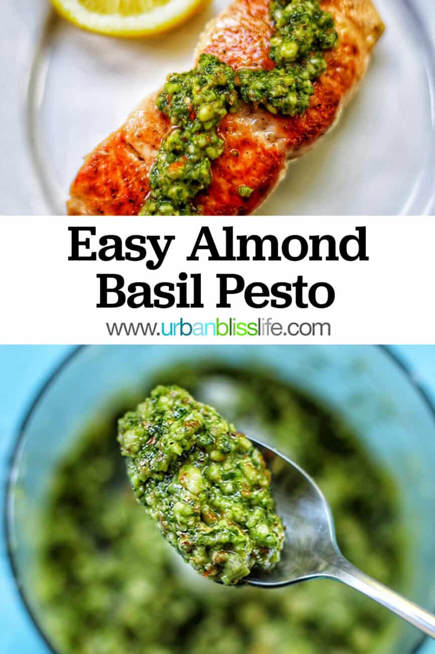 salmon with pesto and almond basil pesto on spoon with text overlay