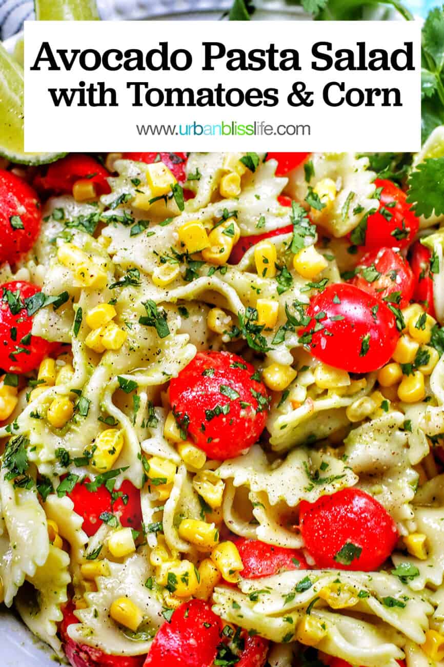 avocado salad with tomatoes and corn with text overlay