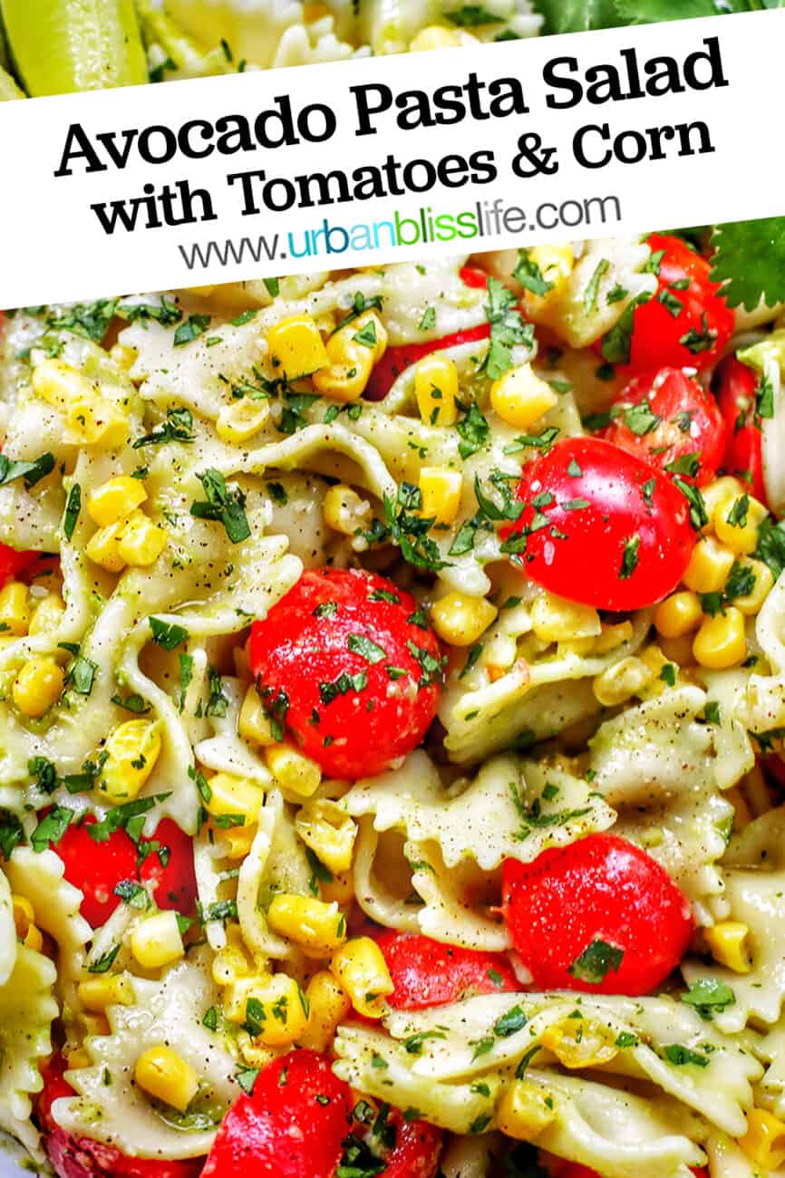 avocado salad with tomatoes and corn with text overlay