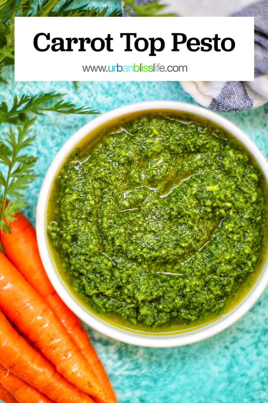 carrot top pesto with text overlay